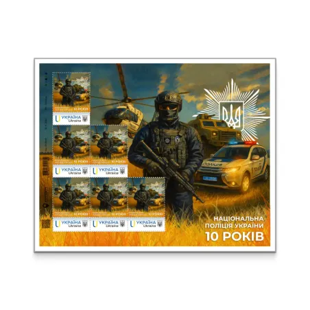 Stamp sheet of 6 stamps «National Police of Ukraine. 10 years» according to the project «Personalized stamp»