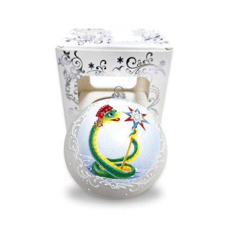 Christmas tree ball with the symbol of the year «Snake with a star» (white matte)